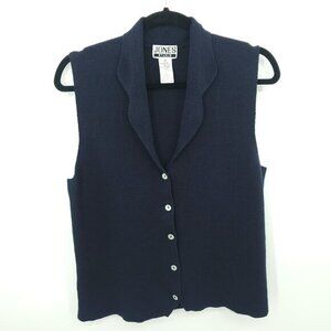 Jones Studio Button Front Sleeveless Collared Knit Top M Navy Blue